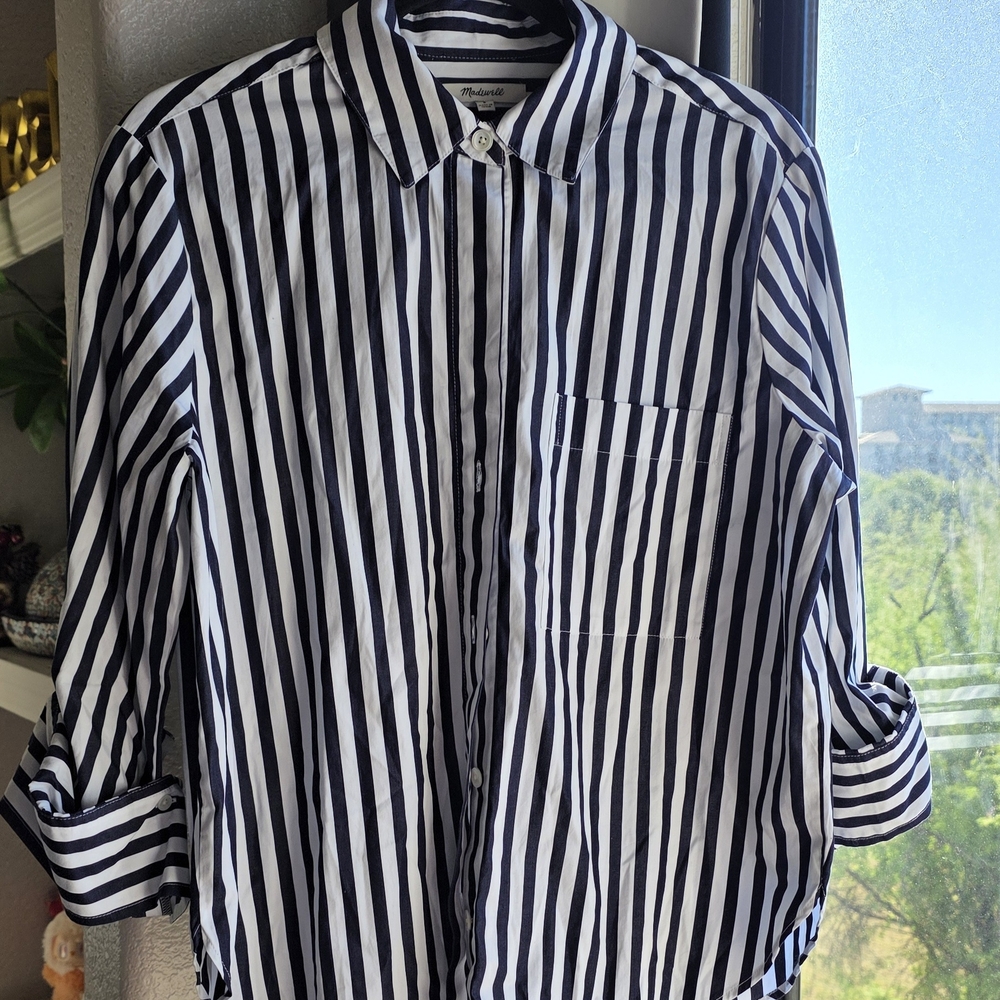 Madewell Black and White Striped Button-Down Shirt Oversized Small
